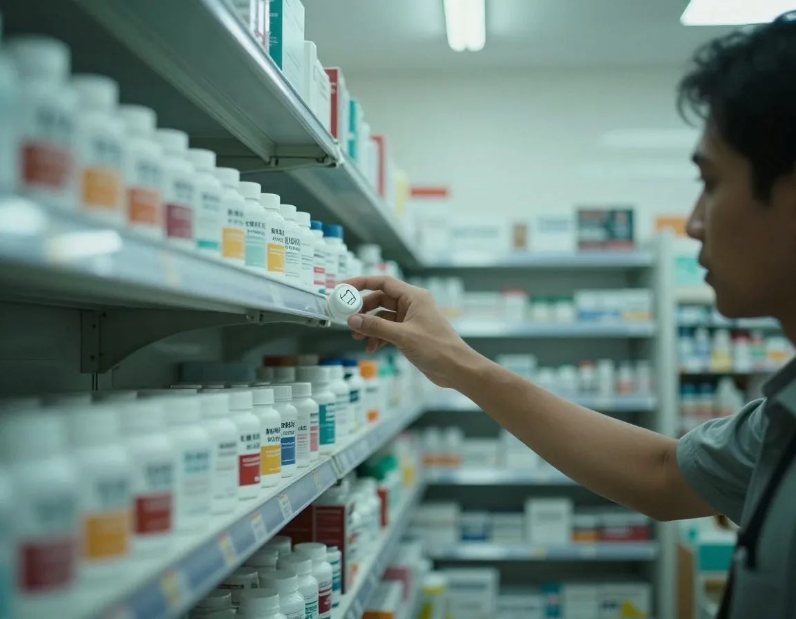 A man reading the panel of a supplement carton on a pharmacy shelf under cool fluorescent light