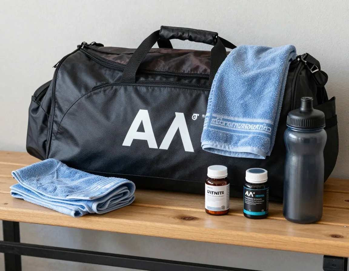A sports bag, towel, water bottle and supplement pack set out on a bench