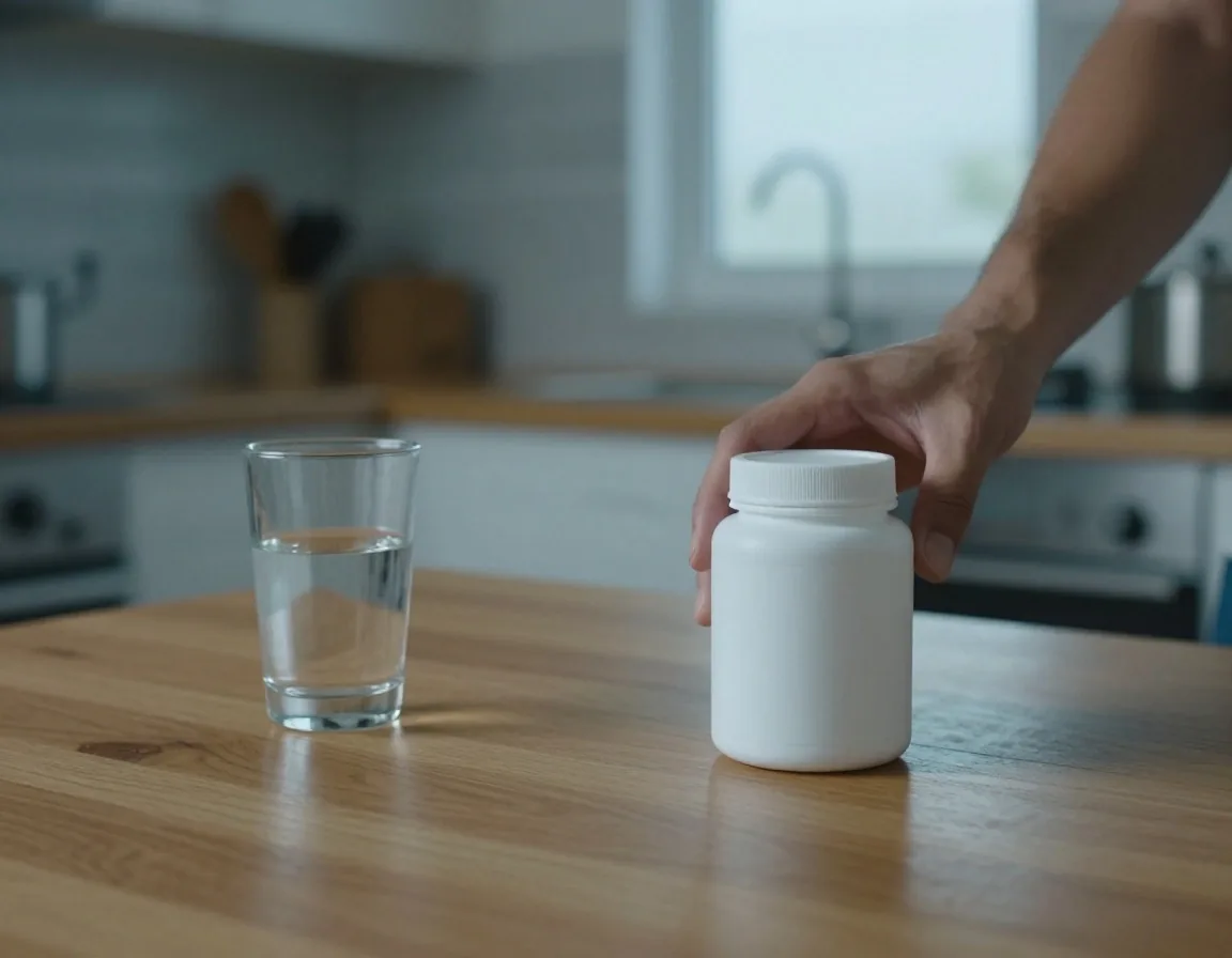 A glass of water and a plain supplement container on a kitchen table in morning light